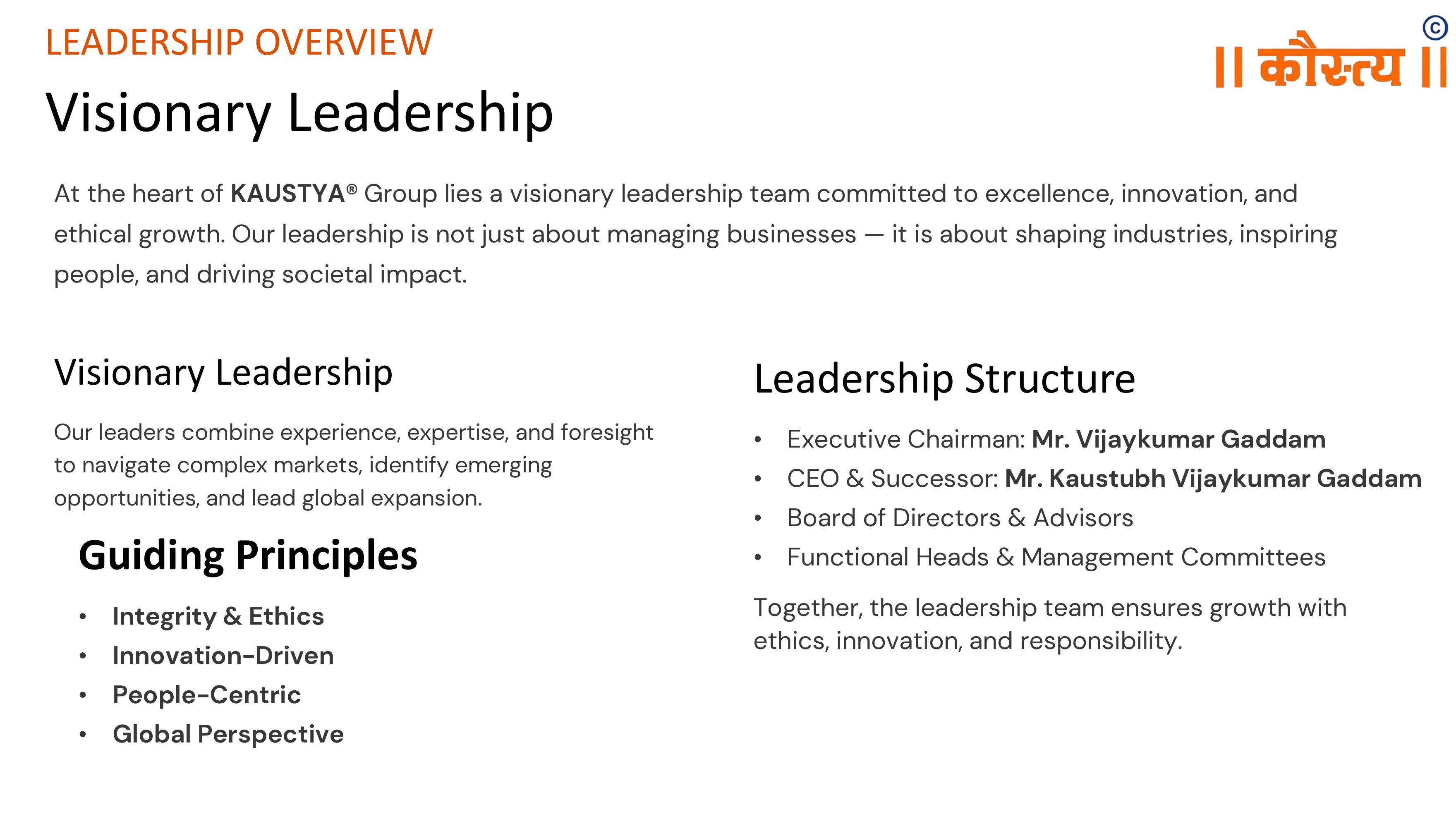 KAUSTYA Group of Companies — Visionary Leadership, from the corporate profile