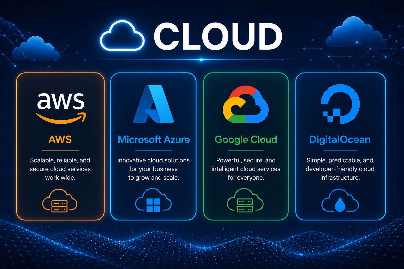 Cloud technologies: AWS, Microsoft Azure, Google Cloud, DigitalOcean