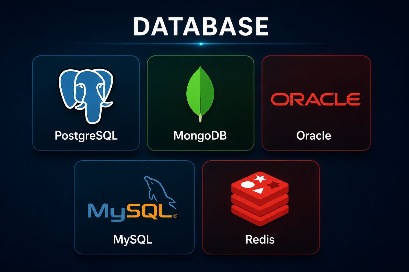 Database technologies: PostgreSQL, MongoDB, Oracle, MySQL, Redis