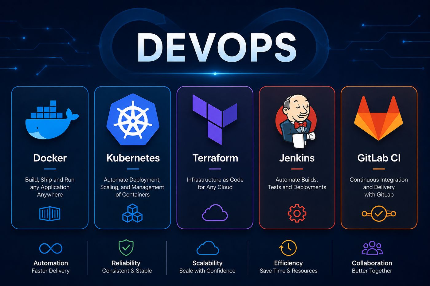 DevOps technologies: Docker, Kubernetes, Terraform, Jenkins, GitLab CI