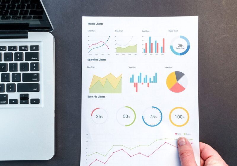Printed analytics dashboard beside a laptop
